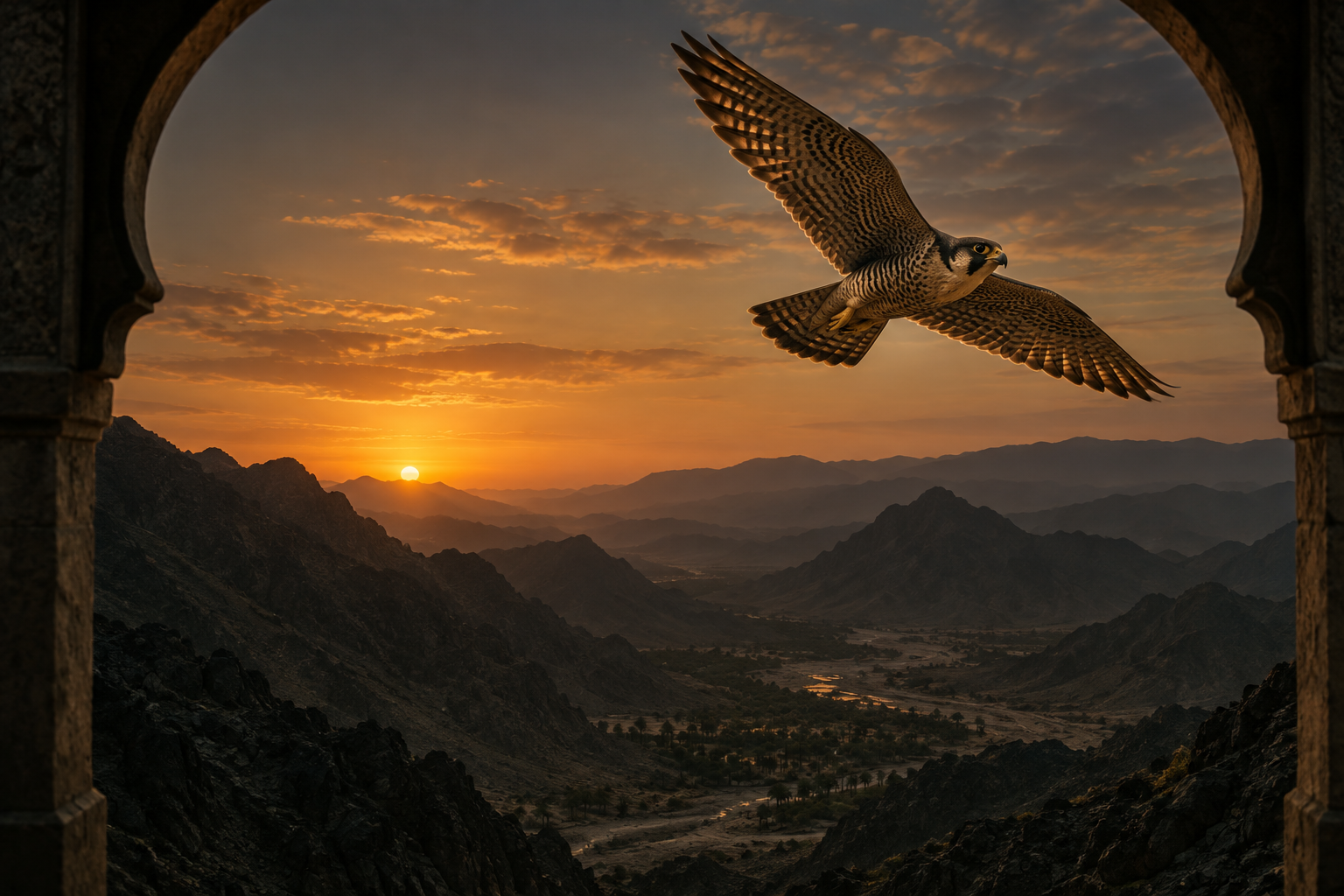 Falcon flying across a desert mountain valley at dusk