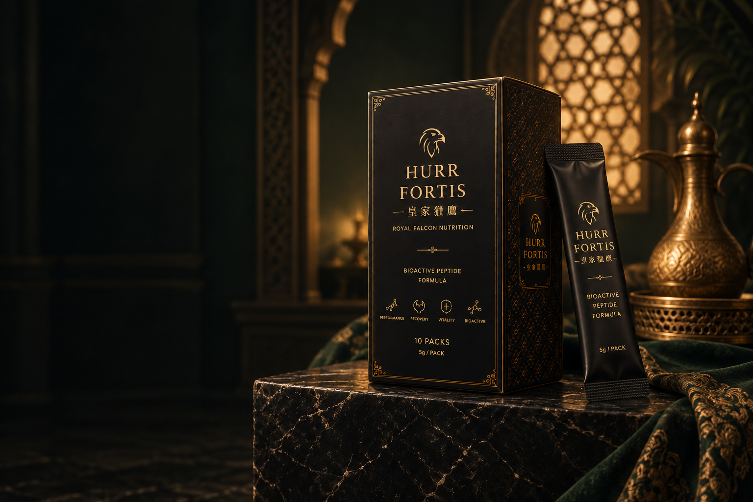 Hurr Fortis box and foil sachet on dark marble